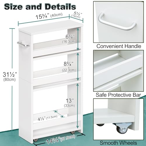 MARTY Slim Rolling Storage Cart, Wood Utility Kitchen Bathroom Laundry Cart - color: All White, size: 5.51"D x 15.75"W x 31.5"H