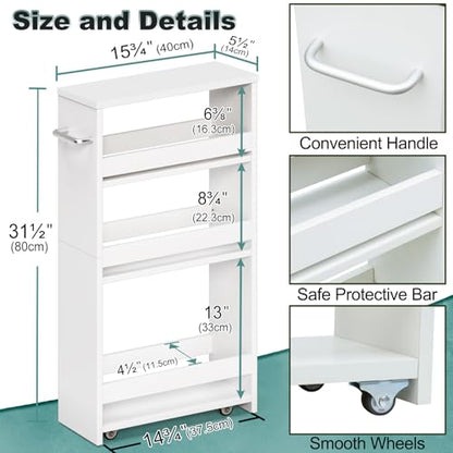 MARTY Slim Rolling Storage Cart, Wood Utility Kitchen Bathroom Laundry Cart - color: All White, size: 5.51"D x 15.75"W x 31.5"H