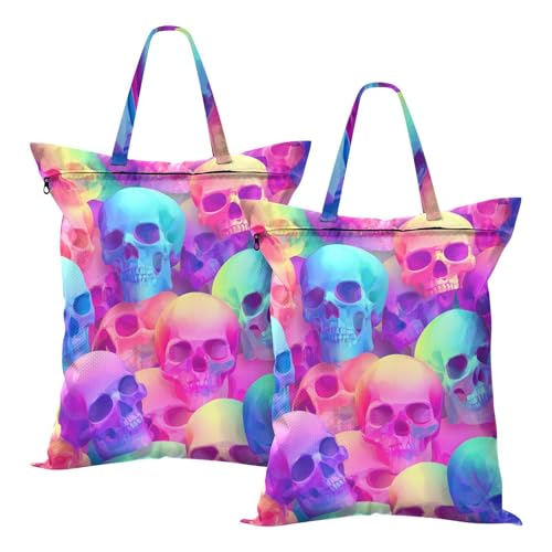 Travel Laundry Bags 2 PC Wet Dry Bag with Handle Dirty Clothes Organizer for Swimsuits Beach Camping Waterproof Washable Gradient Multicolored Skulls - color: Gradient Multicolored Skulls