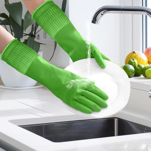 Rubber Gloves for Cleaning with Long Cuffs Waterproof Dishwashing Household Gloves with Grip for Kitchen Bathroom - color: Green, size: Large