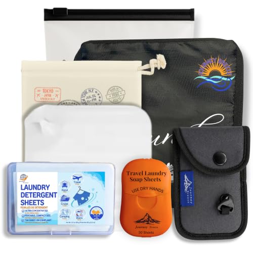 Travel Laundry Detergent Sheets Kit – 2-Size Travel Detergent Sheets + Lightweight Clothesline, Universal Sink Stopper & Foldable Laundry Bag Great for Hotels, Cruises, Camping & Trips - style: 7-Pack Laundry Kit