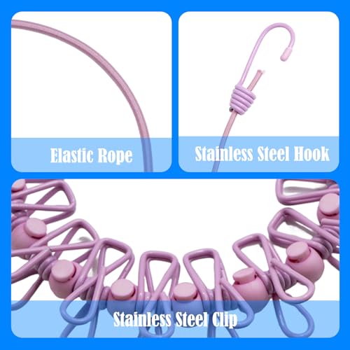 2 Pack Camping Clothesline Portable 12 Clothespins, Pink - style: Pink