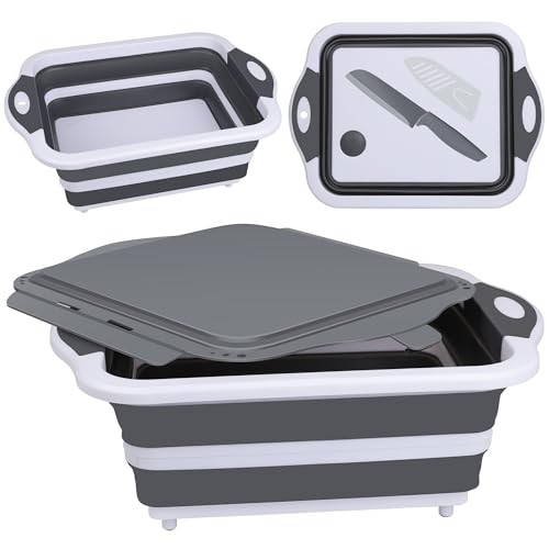 QiMH Collapsible BBQ Prep Tub, Picnic Basket with Lid Foldable Dish Basin, Washing and Draining Veggies Fruits, Food Grade Portable Cutting Board for Camping, Traveling, and Kitchen - color: Gray