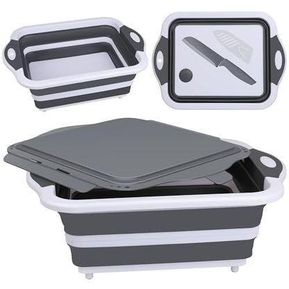 QiMH Collapsible BBQ Prep Tub, Picnic Basket with Lid Foldable Dish Basin, Washing and Draining Veggies Fruits, Food Grade Portable Cutting Board for Camping, Traveling, and Kitchen - color: Gray
