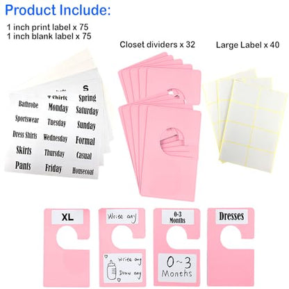 32 Pack White Clothing Rack Size Dividers Plus 75 Labels (1 Inch) and 30 Large Blank Labels, Large Rectangular Clothing Closet Dividers (Pink) - color: Pink, size: 32 PACK