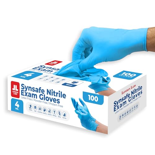 London Labs Synsafe 4 Mil - Blue Nitrile Exam Gloves –Disposable Latex Free & Powder Free – Extra Strong, Rubber Gloves - size: X-Small, style: 100 Count