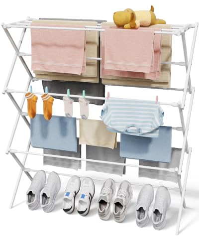 Sakugi Foldable 3-Tier Clothes Drying Rack 42.1" H with Non-Slip Feet - color: White, size: 3 Tier Large