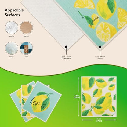 Swedish Dishcloths for Kitchen, 6 Pack Lemon Swedish Dish Towels with Clips, Reusable Paper Towels Washable Non-Scratch Super Absorbent Cellulose Sponge Cloths, Biodegradable No Odor - color: Lemon