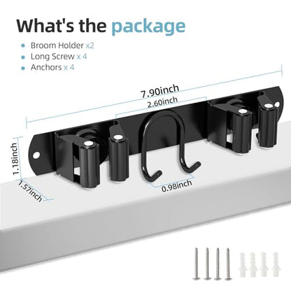Broom Holder Wall Mount, 2-Pack Stainless Steel Mop and Broom Organizer, Broom Hanger with 2 Slots 2 Hooks for Home Kitchen, Garage, Garden and Laundry Room, Black - color: Black-2 Pack