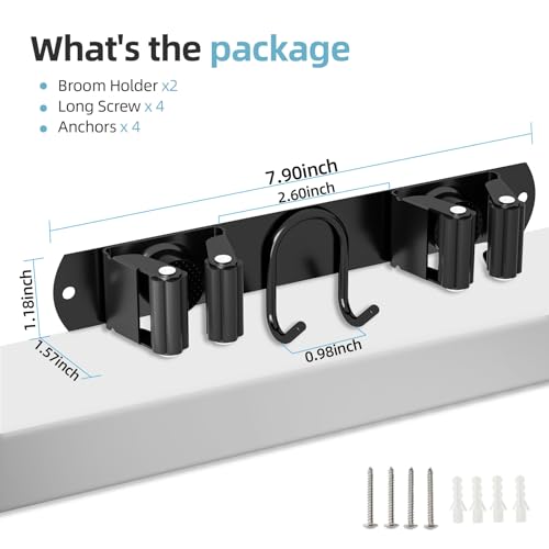 Broom Holder Wall Mount, 2-Pack Stainless Steel Mop and Broom Organizer, Broom Hanger with 2 Slots 2 Hooks for Home Kitchen, Garage, Garden and Laundry Room, Black - color: Black-2 Pack