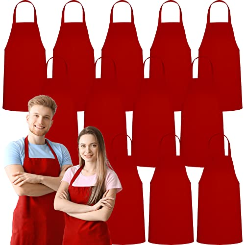 GREEN LIFESTYLE 12 Pack Bib Apron - Unisex Red Aprons, Machine Washable Aprons for Men and Women, Kitchen Cooking BBQ Aprons Bulk (Pack of 12, No Pockets, Red) - color: Red