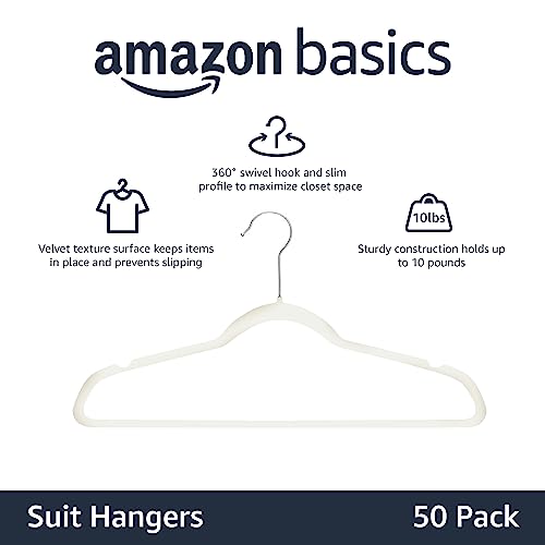 Amazon Basics Slim Velvet Non-Slip Space Saving Suit Clothes Hangers with Shoulder Notches for Closet Organization, Ivory/Silver, 50-Pack - color: Ivory/Silver, size: Pack of 50
