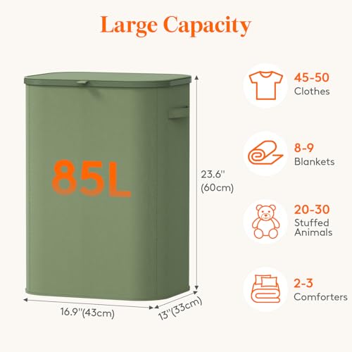Lifewit 85L Large Laundry Hamper with Lid, Removable Inner Bag, Green - color: Green, size: 85L