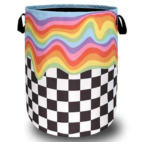 Rainbow Checkerboard Laundry Basket Oxford Cloth Hamper 18.9 x1 6.5 Inch - color: Hippie Rainbow With Grey White Plaid