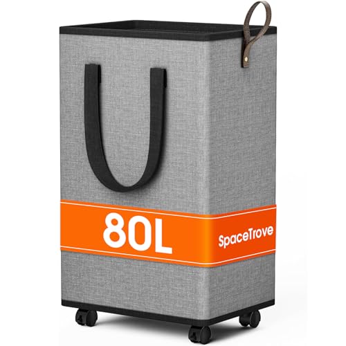 SpaceTrove Rolling Laundry Basket with Wheels, Laundry Hamper, 80L, Grey - color: Grey, size: 80L