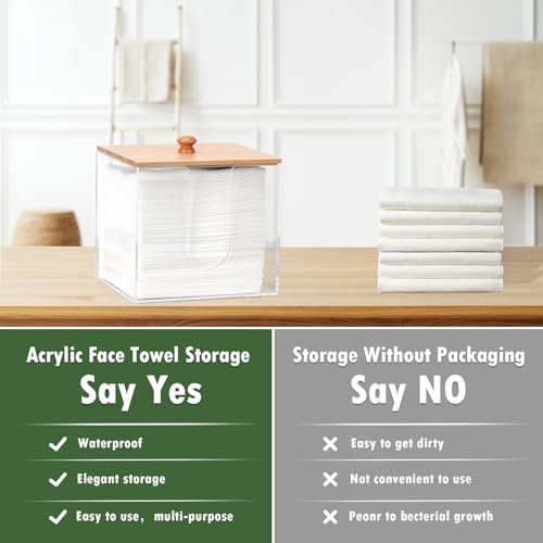 DLUGOPIS Disposable Face Towel Storage Box with Bamboo Lid XL Acrylic Face Towel Container Facial Towel Holder Clean Towels Box Dryer Sheet Container for Face Towels Wipe Bathroom Laundry Room