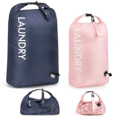 WiseBoy 2 Pack Travel Laundry Bag, Compression Storage for Dirty Clothes - color: Navy & Pink