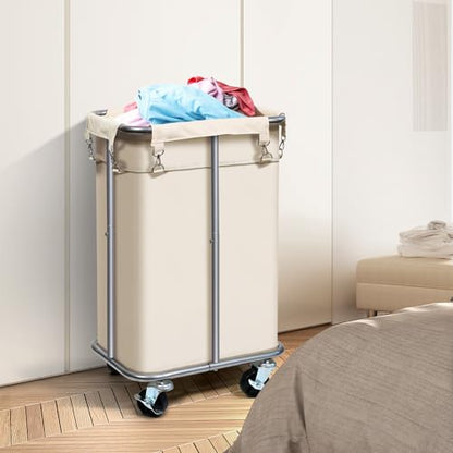 100L Rolling Laundry Hamper Basket with Wheels for Bedroom, Beige - color: Cream