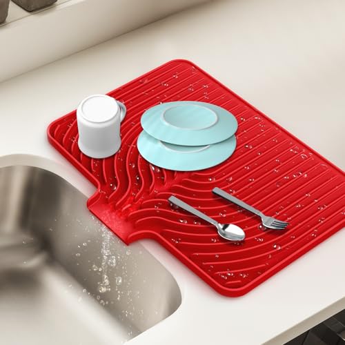 Dish Drying Mat for Kitchen Counter, with Built-in Drain Lip, Food-Grade Silicone, Easy Clean Pad for Countertop Protection, Multi-Functional Use (18x11.8, Red) - color: Red, style: 18x11.8