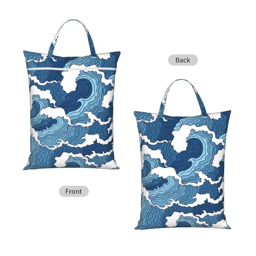 "Japanese Blue and White Wave Kanagawa Great Waves 2-Pack Travel Laundry Bags for Dirty Clothes- Large Waterproof Laundry Tote, Wet & Dry Use, Reusable Foldable Carry Handles for Vacation, Gym & Dorm" - color: Japanese Blue And White Wave Kanagawa Great W