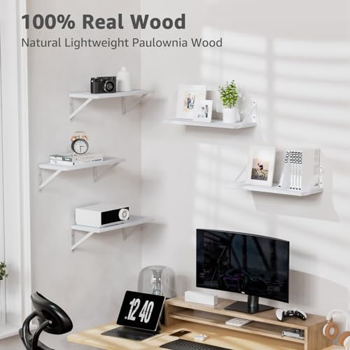 COCOYA Wall Shelves 7.3" Deep Solid Paulownia Wood (White, Set of 3) - color: White, Set of 3