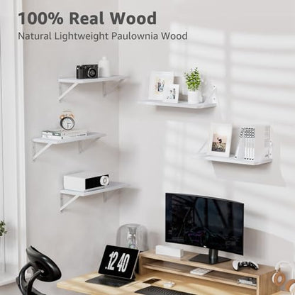 COCOYA Wall Shelves 7.3" Deep Solid Paulownia Wood (White, Set of 3) - color: White, Set of 3