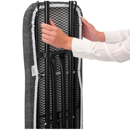 Brabantia Compact Ironing Board with Left/Right Adjustable Steam Iron Rest | Small (Size A) | Fairtrade Denim Gray Cover | Adjustable Height (27-38"), Easy Fold, Anti-Collapse Lock, Non-Slip Feet