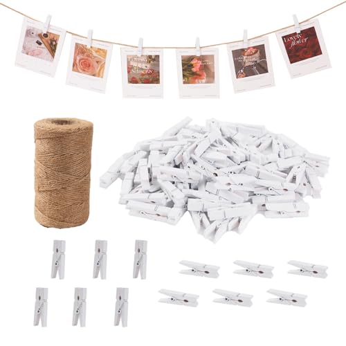 100Pcs White Mini Wooden Clothespins with 328ft Jute Twine - Photo Display Clips for Hanging Pictures, Crafts, Wall Art, Baby Showers (1.4 Inch, White) - color: White