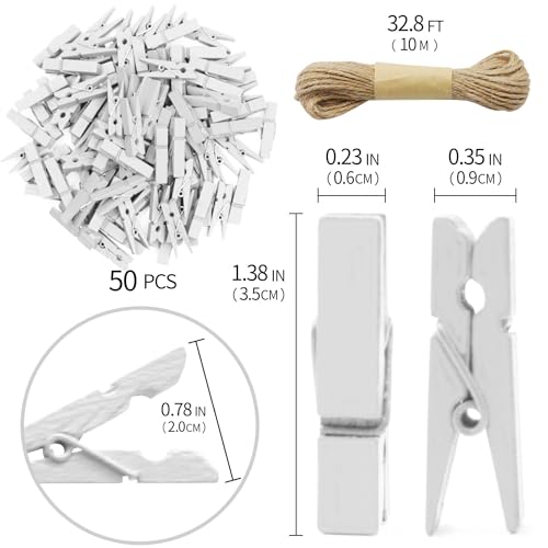 1.35 Inch Mini Clothes Pins for Photo100 Pcs with 32 Feet Jute Twine, Mini Clothes Pins for Crafts, Wooden Small Clothespins for Pictures, Tiny Decorative Clothespins for Baby Shower (White) - color: White