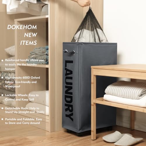 DOKEHOM 70L Enlarged Slim Rolling Laundry Basket Hamper on Wheels, Grey - color: Dark Grey/L, size: 70L/Slim