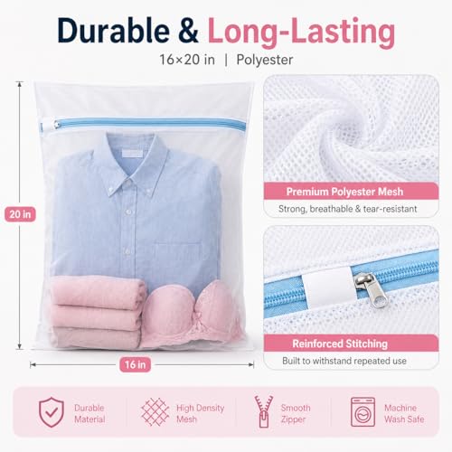 Large Mesh Laundry Wash Bag for Delicates, Lingerie Garment Bag with Premium Snag-Proof Zipper, Heavy Duty Reusable Travel Storage Organizer for Bras, Socks, Sweaters - Large (1 Pack,Blue)