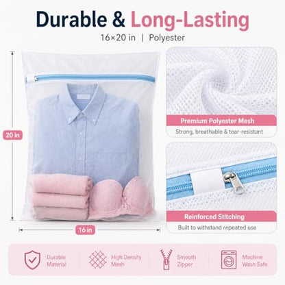 Large Mesh Laundry Wash Bag for Delicates, Lingerie Garment Bag with Premium Snag-Proof Zipper, Heavy Duty Reusable Travel Storage Organizer for Bras, Socks, Sweaters - Large (1 Pack,Blue)