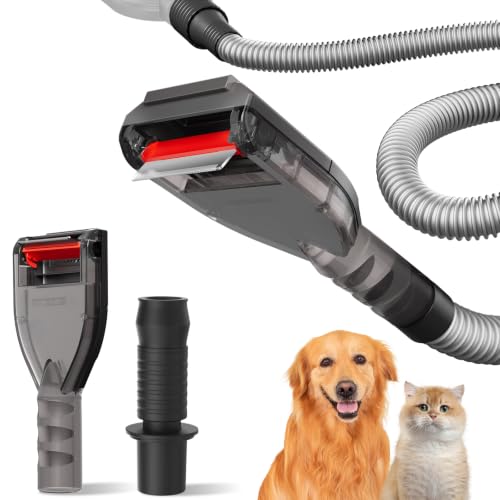 Portek Dog Grooming Vacuum Attachment for 1" to 1-3/4" Vacuum Cleaners, Pet Hair Shedding Brush Tool Kit with Long Extension Hose and Adapter