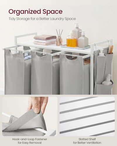 VASAGLE Laundry Hamper with Shelf, 3 Pull-Out Bags, 3 x 10.6 Gallons (40 L) - color: Dove Gray + Cloud White, size: 3 Bags - 120 L