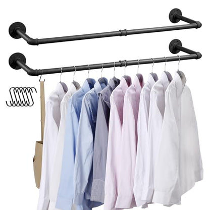 Industrial Pipe Clothes Rack Wall Mounted Clothing Rack Set of 2,38.2 Inches Heavy Duty Iron Garment Rail,Space-Saving Hanging Rod for Laundry Room,Bedroom,Closet Storage - size: 38.2 Inches