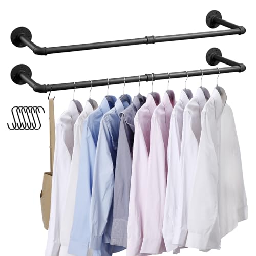 Industrial Pipe Clothes Rack Wall Mounted Clothing Rack Set of 2,38.2 Inches Heavy Duty Iron Garment Rail,Space-Saving Hanging Rod for Laundry Room,Bedroom,Closet Storage - size: 38.2 Inches