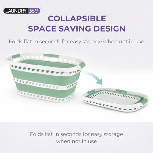 Laundry 360 Collapsible Laundry Basket | Portable | Space Saver Storage | Hold 2 Loads | Store Under the Bed or Closet | Good for Kids | Dorm | Bedroom | Large | White/Sage - size: 1 Pack Sage 40L
