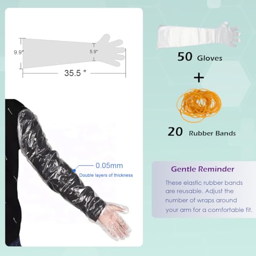 50 Pcs Disposable Long Gloves Full Arm Shoulder Length 35.5 Inch Plastic Dressing Gutting Gloves for Field Dressing House Cleaning Gardening (Come with 20 Free Rubber Bands)