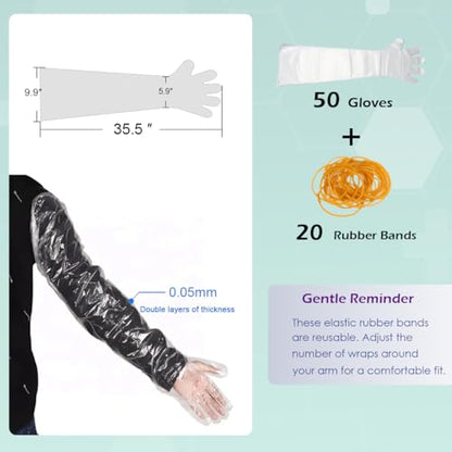 50 Pcs Disposable Long Gloves Full Arm Shoulder Length 35.5 Inch Plastic Dressing Gutting Gloves for Field Dressing House Cleaning Gardening (Come with 20 Free Rubber Bands)