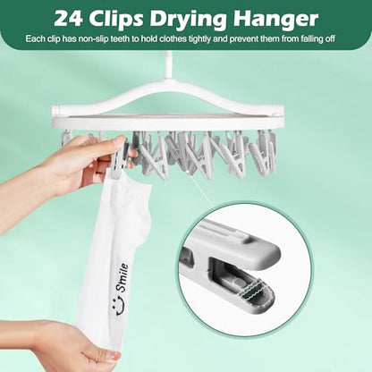 Premium Foldable Clothes Drying Hanger with 24 Clips, Anti-Rusty Plastic Drying Rack for Socks, Lingeries, Delicates and Baby Clothes (Grey) - style: 24 Clips (Grey)