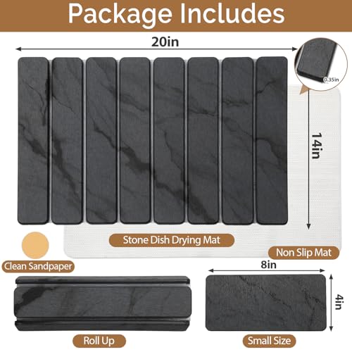 2 PCS Stone Dish Drying Mat for Kitchen Counter,Quick Dry Stone Dishes Mats,Marbled Water Absorbing Diatomaceous Earth Drying Pad for Countertop Bottles Utensils Cups（Dark Gray 20"×14" & 8"x4"） - color: Dark Gray, size: 20" x 14"