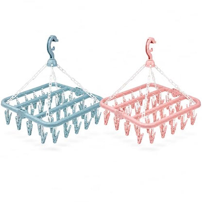 32-Clip Hanging Drying Rack, Thickened Plastic Windproof Clothes Hanger with Clips, Foldable Sock Drying Rack for Underwear, Clothes, Towels and Small Laundry, Indoor Outdoor Laundry Hanger (Blue) - color: Blue