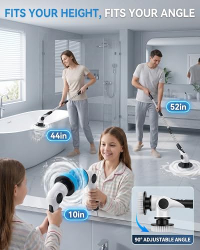 Electric Spin Scrubber, 3-Speed Shower Scrubber with Long Handle & 10 Replaceable Brush Heads, Cordless Shower Cleaner Brush with 90 Mins Runtime & Full-Body IPX7 Waterproof for Bathroom Kitchen