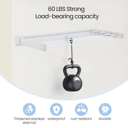 Wall Mounted Clothes Drying Rack 27.56", Foldable Retractable Garment Hanger with Towel Pole, Heavy Duty Space Saving Laundry Drying Rack for Balcony, Laundry Room, Bedroom, Bathroom (With towel pole) - size: With towel pole