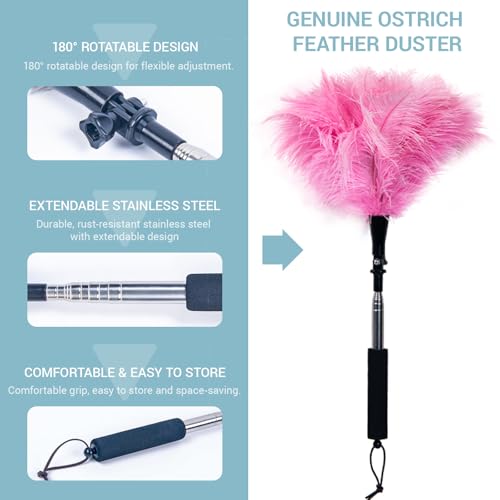 Feather Duster Extendable 22–47 Inch, Long Handle Duster for High Ceilings & Ceiling Fans, Natural Ostrich Feather Duster for Furniture, Blinds Cobweb Cleaning (Pink) - color: Pink