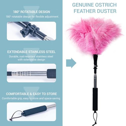Feather Duster Extendable 22–47 Inch, Long Handle Duster for High Ceilings & Ceiling Fans, Natural Ostrich Feather Duster for Furniture, Blinds Cobweb Cleaning (Pink) - color: Pink
