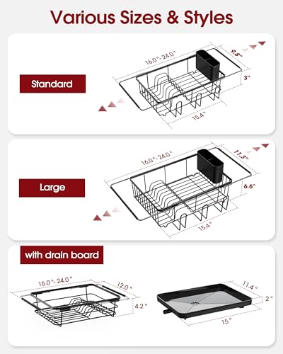 Sakugi Dish Drying Rack in Sink - Expandable Stainless Steel Dish Rack Over The Sink, Kitchen Sink Drain Strainer with Cutlery Holder & Cup Holders, 15.4 x 11.3 x 6.6 Inch, Black - color: Black, size: Large - 15.4" x 11.3" x 6.6"