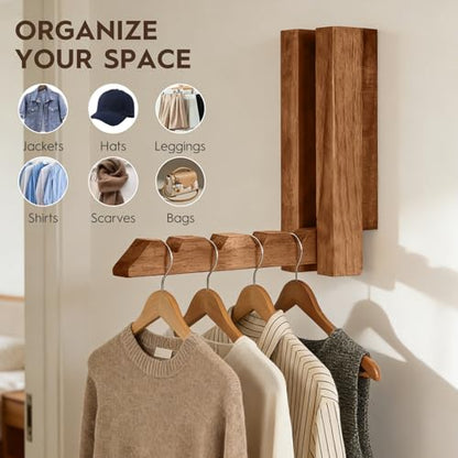 2 Pack Clothes Drying Rack Wall Mounted,Space Saver Wood Wall Mounted Folding Clothes Hanger Rack for Laundry Room,Bathrooms,Closet Storage Organization,Easy to Install - color: Brown