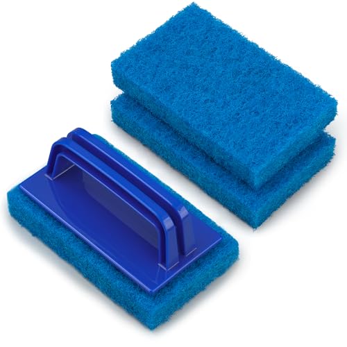 3 Pack Hand-Held Pool Scrub Brush Pool Cleaning Sponge Scrubber Brush Replaceable Scrubbing Scouring Sponge Pad for Swimming Pools Shower Tile Step Corner Liners Walls Sink Spas Tubs Kitchen Bathroom