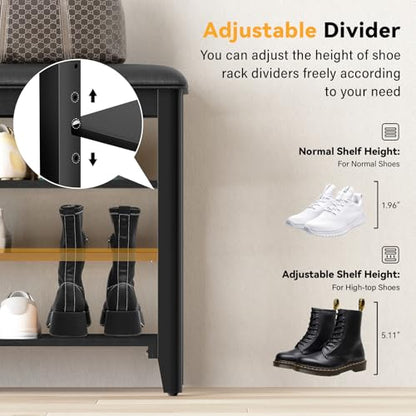 Taitiy Shoe Bench with 3 Tier Adjustable Shelves Rubberwood Entryway 47.2'' - color: Black, size: 47.2''